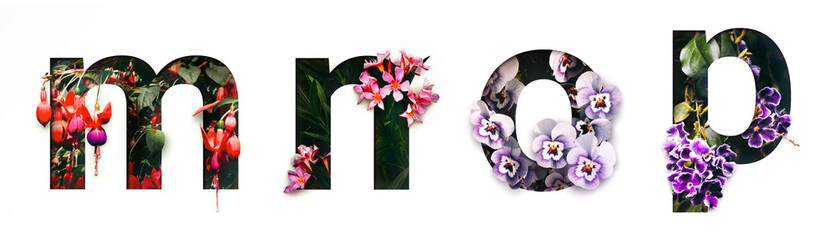 Flower font letter m, n, o, p Create with real alive flowers and Precious paper cut shape of...