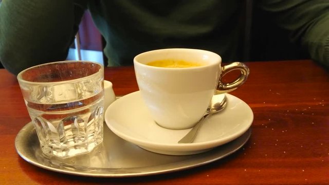 Visit classic Viennese coffee house and enjoy the cup of aroma espresso, serving with glass of cold water, Vienna, Austria.