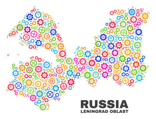 Mosaic technical Leningrad Region map isolated on a white background. Vector geographic abstraction in different colors. Mosaic of Leningrad Region map combined of random multi-colored gear elements.