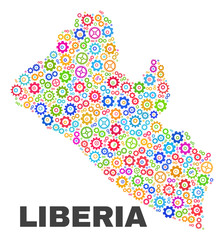 Mosaic technical Liberia map isolated on a white background. Vector geographic abstraction in different colors. Mosaic of Liberia map composed from random multi-colored gear elements.