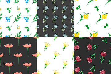 Set of stylish seamless patterns. Herb and flower. Background used for different types of design. Vector illustration