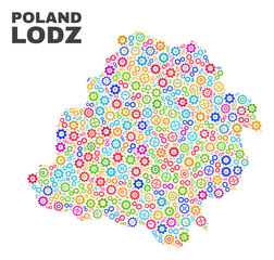Mosaic technical Lodz Voivodeship map isolated on a white background. Vector geographic abstraction in different colors.