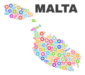 Mosaic technical Malta map isolated on a white background. Vector geographic abstraction in different colors. Mosaic of Malta map combined of random multi-colored wheel elements.