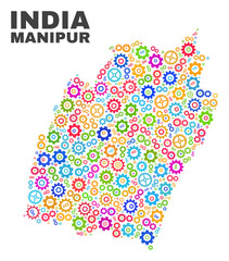 Mosaic technical Manipur State map isolated on a white background. Vector geographic abstraction in different colors. Mosaic of Manipur State map composed from random multi-colored gearwheel items.