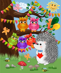 The hedgehog in the forest glade. The concept of art, love. Owl on a tree branch.