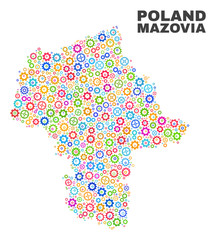 Mosaic technical Masovian Voivodeship map isolated on a white background. Vector geographic abstraction in different colors.
