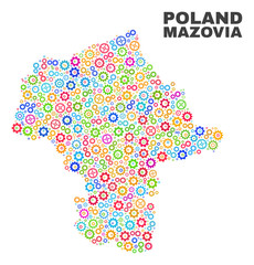 Mosaic technical Mazovia Province map isolated on a white background. Vector geographic abstraction in different colors. Mosaic of Mazovia Province map combined of scattered bright gear items.