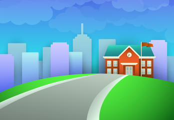 Road to city primary school. School building against cityscape. Can be used for topics like education, urban lifestyle, college