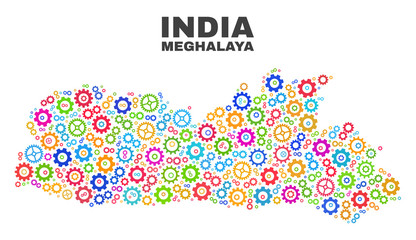 Mosaic technical Meghalaya State map isolated on a white background. Vector geographic abstraction in different colors. Mosaic of Meghalaya State map designed from random multi-colored wheel items.