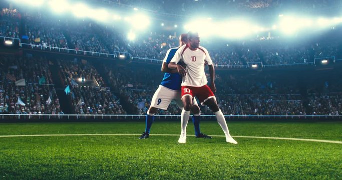 Soccer player catches a ball with his feet and continue his attack. The opposite team player tries to block him. Stadium and crowd are made in 3D and animated.