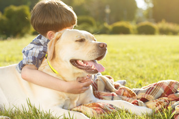 Young cheerful boy resting at the park with his dog