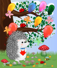 The hedgehog in the forest glade. The concept of art, love. Owl on a tree branch.