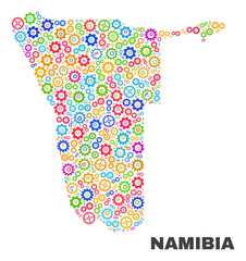 Mosaic technical Namibia map isolated on a white background. Vector geographic abstraction in different colors. Mosaic of Namibia map composed from scattered multi-colored cog items.