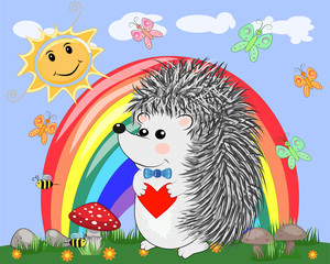 Obraz na płótnie Canvas Lovely cartoon hedgehog near the seven-colored rainbow in a clear, sunny cheer, a summer day