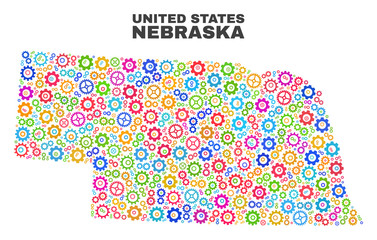 Mosaic technical Nebraska State map isolated on a white background. Vector geographic abstraction in different colors. Mosaic of Nebraska State map combined of scattered multi-colored gear elements.