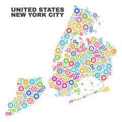 Mosaic technical New York City map isolated on a white background. Vector geographic abstraction in different colors. Mosaic of New York City map combined of random multi-colored gearwheel items.