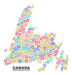 Mosaic technical Newfoundland Island map isolated on a white background. Vector geographic abstraction in different colors. Mosaic of Newfoundland Island map combined of random bright gear elements.