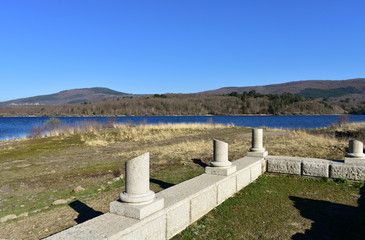 Roman ruins with lake. Aquis Querquennis archaeological site. Baños de Bande, Orense, Spain.