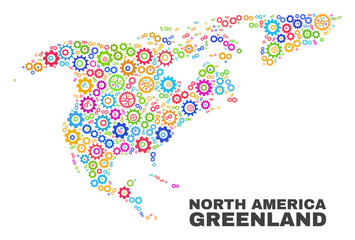 Mosaic technical North America and Greenland map isolated on a white background. Vector geographic abstraction in different colors.