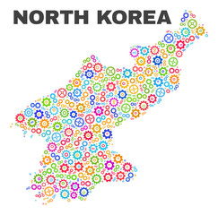 Mosaic technical North Korea map isolated on a white background. Vector geographic abstraction in different colors. Mosaic of North Korea map designed from random multi-colored gear elements.