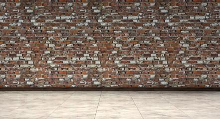 Empty room with old brown brick walls and marble floor, 3d Rendering