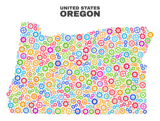 Mosaic technical Oregon State map isolated on a white background. Vector geographic abstraction in different colors. Mosaic of Oregon State map combined of random multi-colored gear elements.