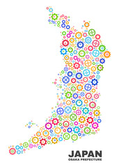 Mosaic technical Osaka Prefecture map isolated on a white background. Vector geographic abstraction in different colors. Mosaic of Osaka Prefecture map composed from random multi-colored cog items.