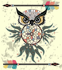 Patterned owl on the grunge background. African indian totem tattoo design.