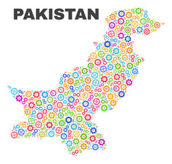 Mosaic technical Pakistan map isolated on a white background. Vector geographic abstraction in different colors. Mosaic of Pakistan map designed from random multi-colored cog elements.