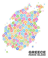 Mosaic technical Paros Island map isolated on a white background. Vector geographic abstraction in different colors. Mosaic of Paros Island map composed from scattered multi-colored gear elements.