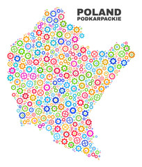 Mosaic technical Podkarpackie Voivodeship map isolated on a white background. Vector geographic abstraction in different colors.