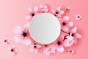illustration of paper art and craft white circle spring season cherry blossom concept,Springtime with sakura branch, Floral Cherry blossom with pink flowers on place text space background,vector.
