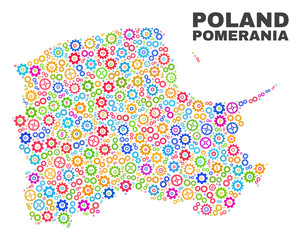 Mosaic technical Pomeranian Voivodeship map isolated on a white background. Vector geographic abstraction in different colors.