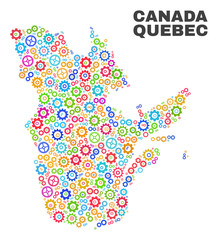Mosaic technical Quebec Province map isolated on a white background. Vector geographic abstraction in different colors. Mosaic of Quebec Province map combined of scattered multi-colored wheel items.