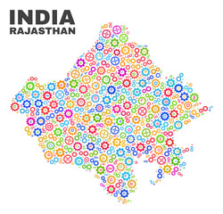 Mosaic technical Rajasthan State map isolated on a white background. Vector geographic abstraction in different colors.