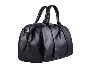 Black leather duffle bag isolated on white background