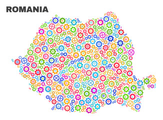 Mosaic technical Romania map isolated on a white background. Vector geographic abstraction in different colors. Mosaic of Romania map combined of scattered bright wheel elements.