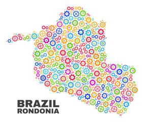 Mosaic technical Rondonia State map isolated on a white background. Vector geographic abstraction in different colors.