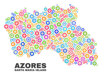 Mosaic technical Santa Maria Island map isolated on a white background. Vector geographic abstraction in different colors. Mosaic of Santa Maria Island map combined of random multi-colored gear items.