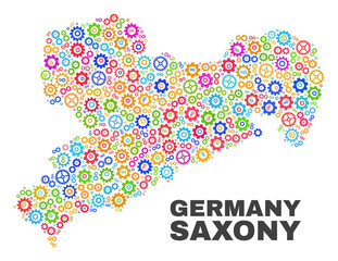 Mosaic technical Saxony Land map isolated on a white background. Vector geographic abstraction in different colors. Mosaic of Saxony Land map composed from random multi-colored cog elements.