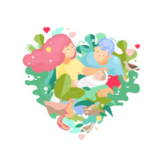 Family Three people at window at home or in garden. Love relationships