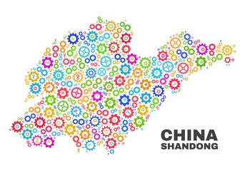 Mosaic technical Shandong Province map isolated on a white background. Vector geographic abstraction in different colors. Mosaic of Shandong Province map combined of random bright gearwheel items.