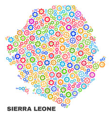 Mosaic technical Sierra Leone map isolated on a white background. Vector geographic abstraction in different colors. Mosaic of Sierra Leone map combined of scattered multi-colored cog items.
