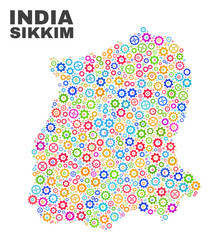 Mosaic technical Sikkim State map isolated on a white background. Vector geographic abstraction in different colors. Mosaic of Sikkim State map designed from scattered multi-colored cogwheel items.