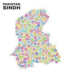 Mosaic technical Sindh Province map isolated on a white background. Vector geographic abstraction in different colors. Mosaic of Sindh Province map composed from scattered multi-colored cog items.