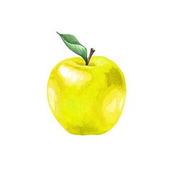 Yellow apple with a leaf. Illustration of a sweet fruit on a white background. Isolated drawing.