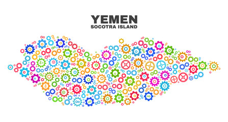 Mosaic technical Socotra Island map isolated on a white background. Vector geographic abstraction in different colors. Mosaic of Socotra Island map combined of random multi-colored wheel elements.