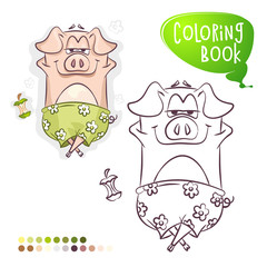 Pig lies on the beach and rests. Coloring book page. Cartoon Vector Illustration