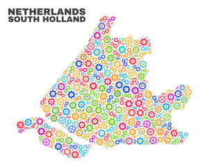Mosaic technical South Holland map isolated on a white background. Vector geographic abstraction in different colors. Mosaic of South Holland map combined of random multi-colored wheel items.