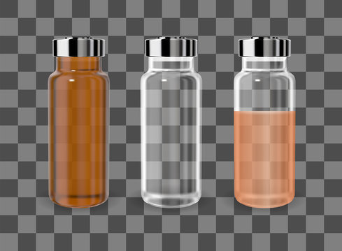 Realistic Transparent Brown And White Empty Medicine Vial. Vector Mockup.